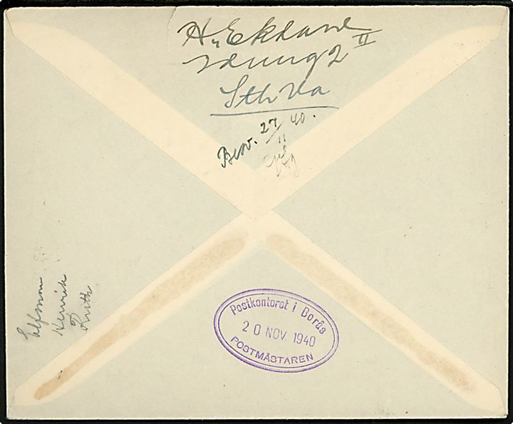 5 öre P. H. Ling og 10 öre Gustaf på brev annulleret Postdirektionen Sth D * d. 19.11.1940 til Borås. På bagsiden ank.stemplet Postkontoret i Borås Postmästaren d. 20.11.1940.
