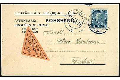 30 öre Gustaf single på brevkort med postopkrævning fra Stockholm d. 4.12.1924 til Svinhult.