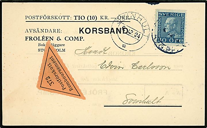 30 öre Gustaf single på brevkort med postopkrævning fra Stockholm d. 4.12.1924 til Svinhult.