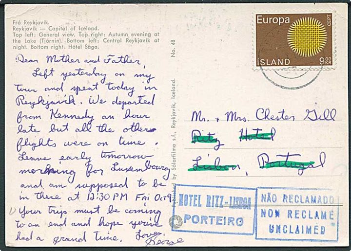 9 kr. Europa udg. på brevkort fra Reykjavik d. 9.10.1970 til Lissabon, Portugal. Retur som ej. afhentet.
