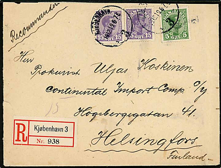 5 øre og 15 øre (2) Chr. X på anbefalet brev fra Kjøbenhavn d. 19.12.1919 til Helsingfors, Finland. På bagsiden Julemærke 1919.