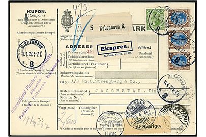25 øre og 1 kr. (3-stribe) Chr. X på 325 øre frankeret internationalt adressekort for eksprespakke fra Kjøbenhavn 8 (= Frihavnen) d. 12.4.1927 via Malmö og Åbo til Jacobstad, Finland.