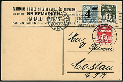 1 øre, 2 øre Bølgelinie og 4/25 øre Provisorium på tryksagskort fra København d. 15.4.1935 til Caslau, Tjekkoslovakiet.