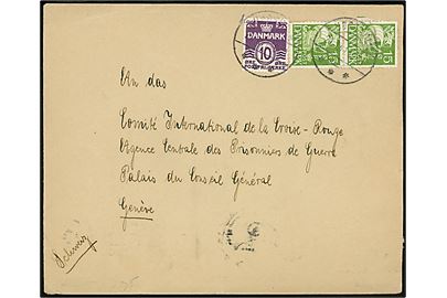 10 øre Bølgelinie og 15 øre Karavel i parstykke på brev fra Hørsholm d. 21.1.1941 til Internationalt Røde Kors i Geneve, Schweiz. Åbnet af tysk censur i Frankfurt.