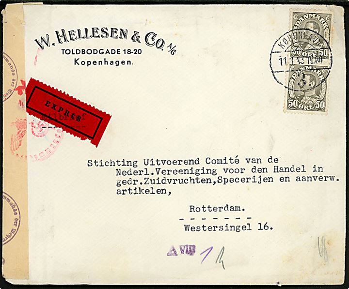 50 øre Chr. X i parstykke på ekspresbrev fra København d. 11.1.1943 til Rotterdam, Holland. Åbnet af tysk censur i Hamburg.