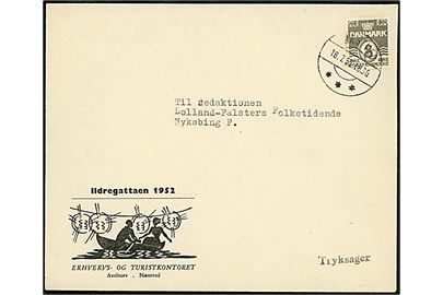 8 øre Bølgelinie single på illustreret kuvert Ildregattaen 1952 sendt som ren tryksag fra Næetved d. 18.7.1952 til Nykøbing F.