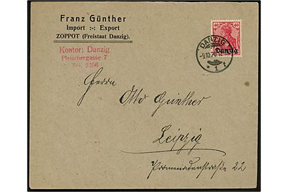40 pfg. Germania Danzig provisorium på brev fra Danzig *1t d. 9.10.1920 til Leipzig, Tyskland.