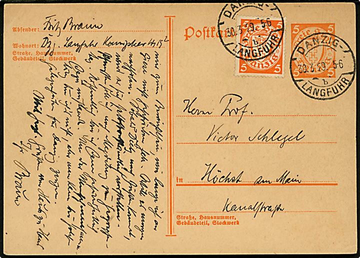 5 pfg. helsagsbrevkort opfrankeret med 5 pfg. Våben fra Danzig - Langfuhr d. 30.3.1929 til Höchst am Main, Tyskland.