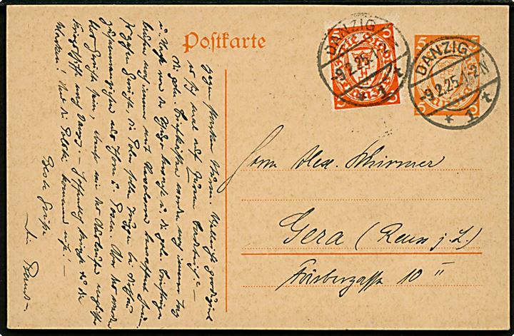 5 pfg. helsagsbrevkort opfrankeret med 5 pfg. Våben stemplet Danzig *1t d. 9.2.1925 til Gera, Tyskland.