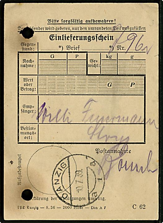 Postkvittering - C62 - for indlevering stemplet Danzig a1a d. 10.7.1939. To arkivhuller.