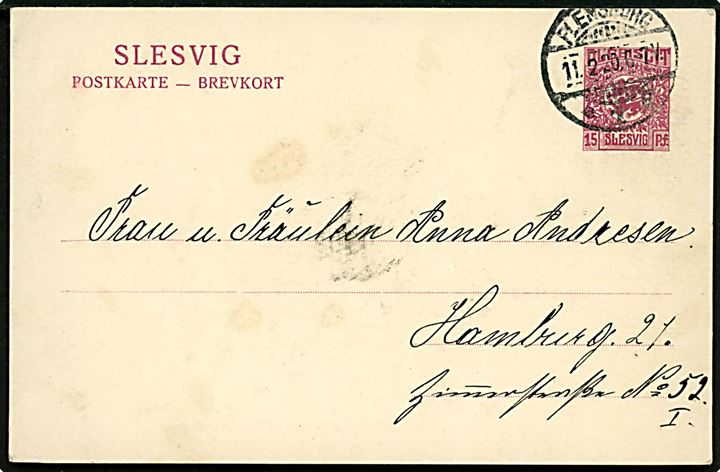 15 pfg. Fælles udg. helsagsbrevkort fra Flensburg d. 11.2.1920 til Hamburg.