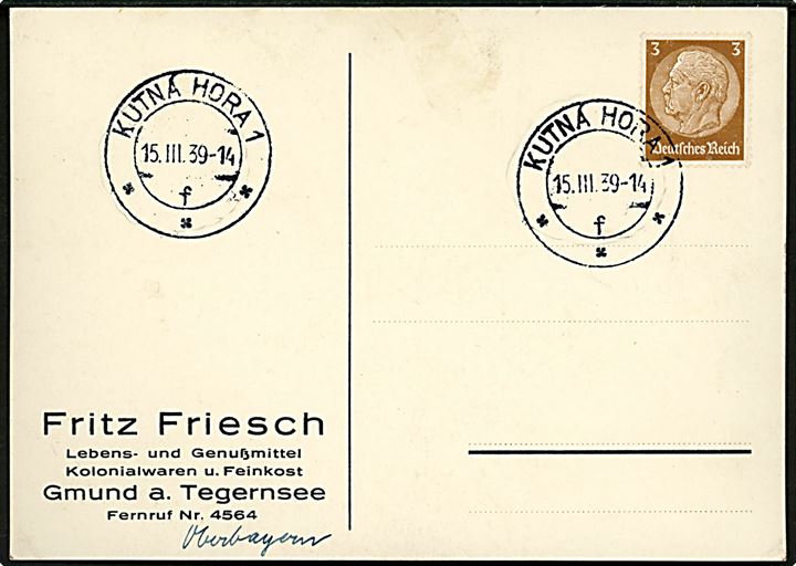 Tysk 6 pfg. Hindenburg på brevkort annulleret med tjekkisk stempel Kutná Hora d. 15.3.1939 til Gmund, Tyskland. Sendt fra tysk annekteret Tjekkoslovakiet.