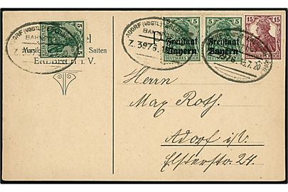 Tysk 5 pfg, 15 pfg. Germania, samt 5 prf. Freistaat Bayern Provisorium i parstykke på brevkort fra Erlbach annulleret med bureaustempel Adorf (Vogtl) - Erlbach (Vogtl) Bahnpost Zug 3976 d. 15.7.1920 til Adorf.