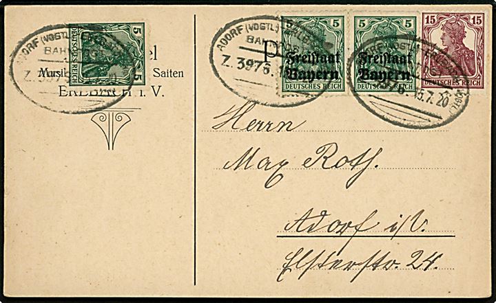 Tysk 5 pfg, 15 pfg. Germania, samt 5 prf. Freistaat Bayern Provisorium i parstykke på brevkort fra Erlbach annulleret med bureaustempel Adorf (Vogtl) - Erlbach (Vogtl) Bahnpost Zug 3976 d. 15.7.1920 til Adorf.