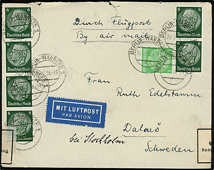 5 pfg. og 6 pfg. (6) Hindenburg på luftpostbrev fra Berlin-Wannsee d. 26.7.1934 via Stockholm Flyg d. 27.7.1936 til Dalarö, Sverige. Åbnet af tysk toldkontrol.