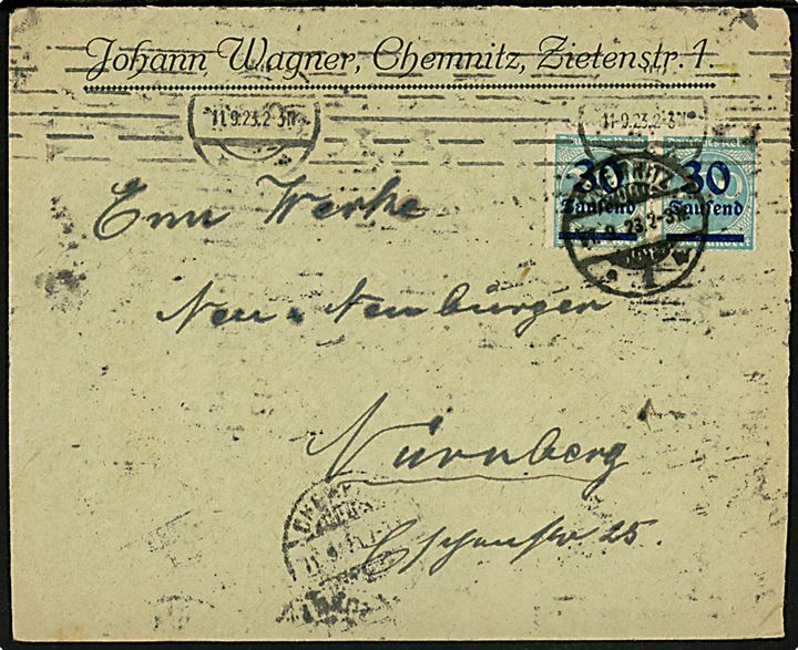 1000 mk. (15) Ciffer og 30.000/200 mk. Provisorium (par) på for- og bagside af infla brev fra Chemnitz d. 11.9.1923 til Nürnberg. Korrekt porto 75.000.000 mk. (1.-19.9.1923).