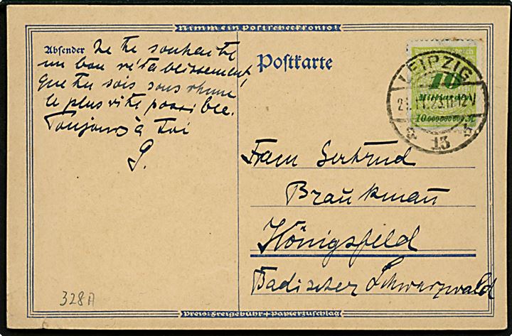 10 mia. mk. Infla udg. single på brevkort fra Leipzig d. 21.11.1923 til Königsfeld. Korrekt porto 10.000.000.000 mk. (20.-25.11.1923).