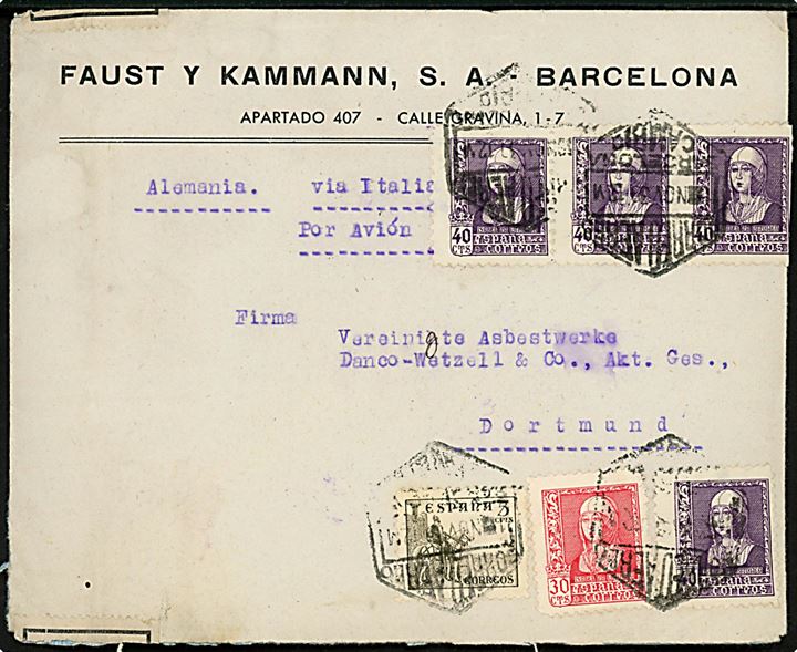 5 cts. Rytter, 30 cts. og 40 cts. (4) Isabel på luftpostbrev påskrevet via Italia fra Barcelona d. 1.11.1939 til Dortmund, Tyskland. Spansk censur fra Barcelona og åbnet af tysk toldkontrol.