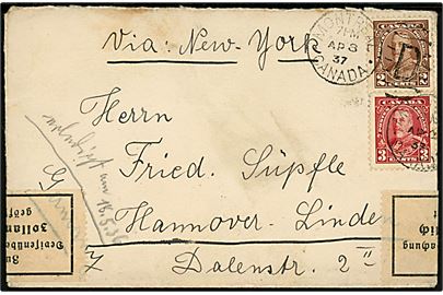 2 cents og 3 cents George V på brev påskrevet via New York fra Montreal d. 3.4.1937 til Hannover, Tyskland. Åbnet af tysk toldkontrol.