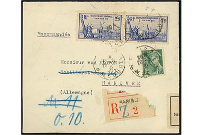 25 c. Mercur og 2,25 kr. New York Udstilling (2) på anbefalet brev fra Paris d. 26.5.1939 til Hannover, Tyskland. Åbnet af tysk toldkontrol.