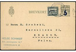 5/3 øre provisorisk helsagsbrevkort (fabr. 44-H) opfrankeret med 20 øre Genforening fra Kjøbenhavn Ø d. 12.9.1921 til Krakow, Polen.