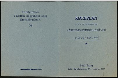 Køreplan for automobilruten Karrebæksminde - Næstved pr. 1.9.1948 med notater.