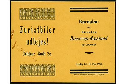 Køreplan for bilruten Bisserup - Næstved og omvendt pr. 15.5.1939.