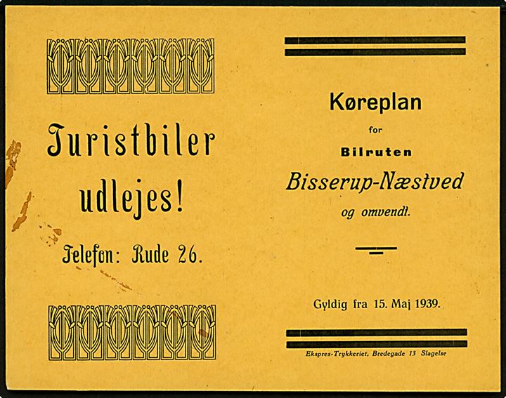 Køreplan for bilruten Bisserup - Næstved og omvendt pr. 15.5.1939.
