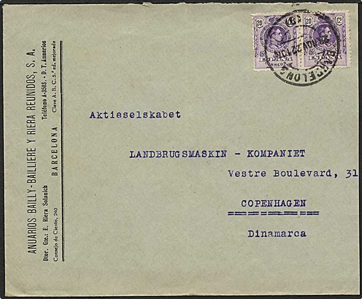 20 centimos violet på brev fra Barcelona d. 28.11.1922 til København.