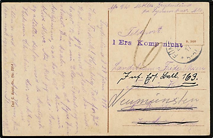 Ufrankeret feltpostkort fra Frydenlund med svagt stempel Fünenshaff d. 29.6.1917 til sønderjysk soldat i Neumünster. Stemplet 1 Ers. Komp. nicht. 