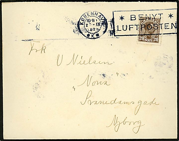 20 øre Chr. X på brev annulleret med TMS København *K* / * BENYT * LUFTPOSTEN * d. 2.9.1925 til Nyborg.