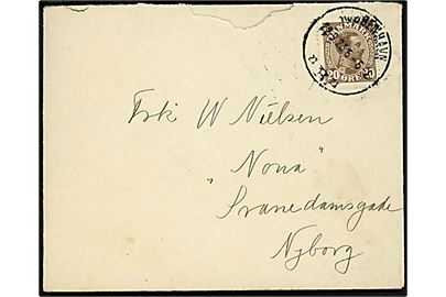 20 øre Chr. X med tydelig automatafskæring på brev fra Kjøbenhavn B. d. 22.9.1923 til Nyborg