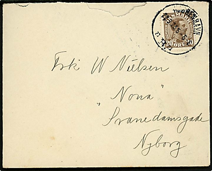 20 øre Chr. X med tydelig automatafskæring på brev fra Kjøbenhavn B. d. 22.9.1923 til Nyborg