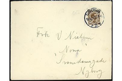 20 øre Chr. X med tydelig automatafskæring og sammenklæbning på brev fra Kjøbenhavn B. d. 13.11.1925 til Nyborg