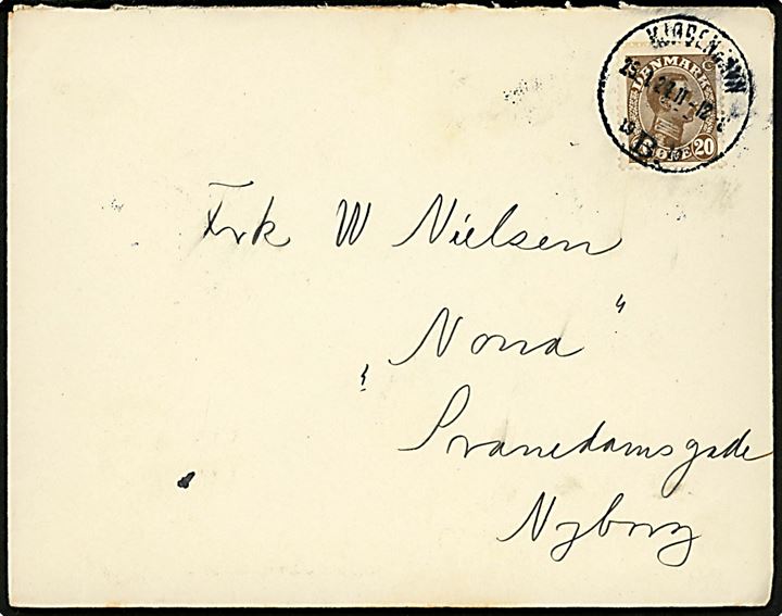 20 øre Chr. X med tydelig automatafskæring på brev fra Kjøbenhavn B. d. 25.1.1924 til Nyborg.