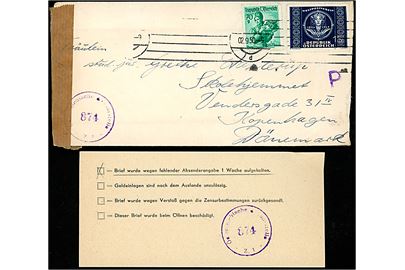 Østrigsk 70 g. og 1 sh. frankeret brev med indhold skrevet på dansk fra Wien d. 2.9.1950 til København, Danmark. Åbnet af østrigsk efterkrigscensur no. 874 med indlagt meddelelse - Z.1/4 - vedr. brevet forsinket 1 uge pga. manglende afsender. 