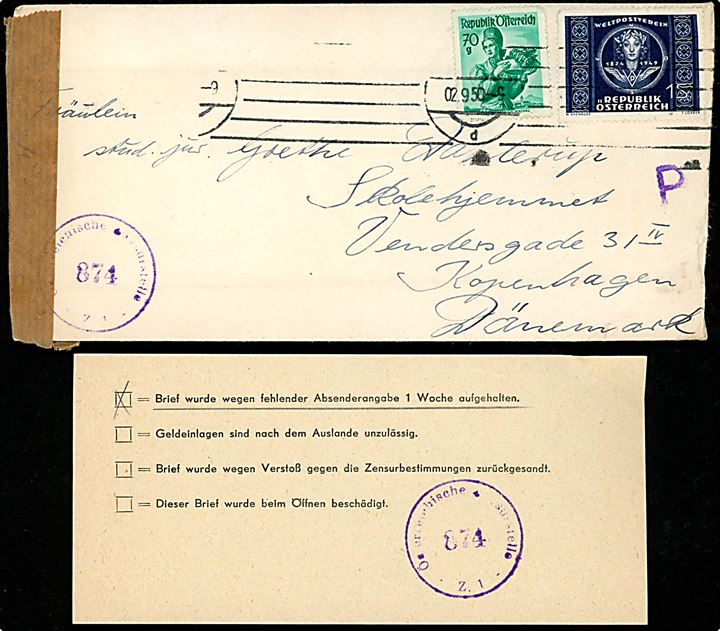 Østrigsk 70 g. og 1 sh. frankeret brev med indhold skrevet på dansk fra Wien d. 2.9.1950 til København, Danmark. Åbnet af østrigsk efterkrigscensur no. 874 med indlagt meddelelse - Z.1/4 - vedr. brevet forsinket 1 uge pga. manglende afsender. 