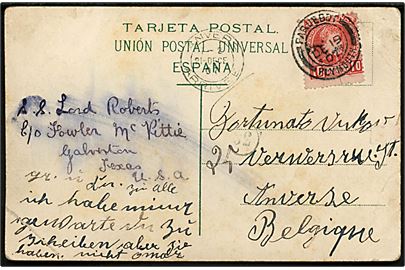 10 cts. på brevkort fra passager ombord på S/S Lord Roberts på Tenerife annulleret med britisk skibsstempel Paquebot Plymouth d. 19.12.1907 til Antwerpen, Belgien.