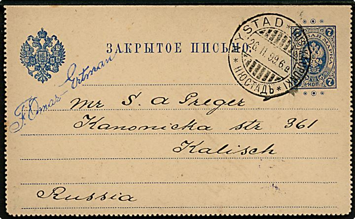 7 kop. Våben helsags-korrespondancekort med ringe fra Nystad i Finland d. 26.2.1899 via St. Petersborg til Kalisch, Rusland.