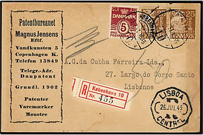 5 øre Bølgelinie og 25 øre Karavel (par) på anbefalet brevkort fra København d. 13.7.1943 til Lissabon, Portugal. Uden tegn på censur. Skjold.
