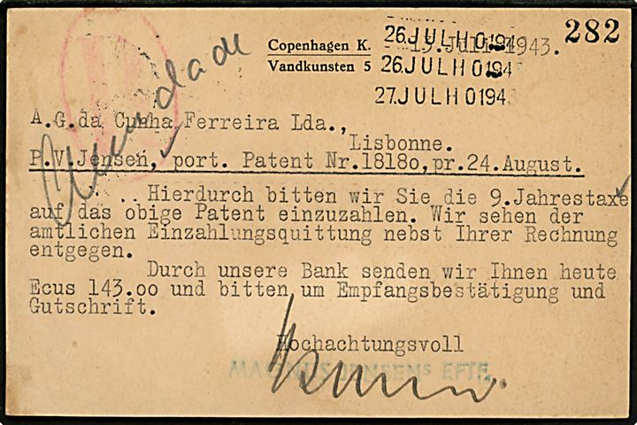 5 øre Bølgelinie og 25 øre Karavel (par) på anbefalet brevkort fra København d. 13.7.1943 til Lissabon, Portugal. Uden tegn på censur. Skjold.