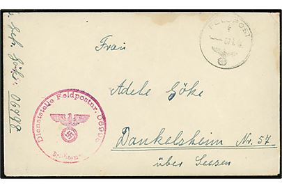 Ufrankeret feltpostbrev med indhold stemplet Feldpost d. 7.7.1942 til Dankelsheim, Tyskland. Sendt fra soldat ved feldpost 06998 (= Heeres-Küsten-Batterie 966) stationeret i Nordnorge. Klippet i toppen.