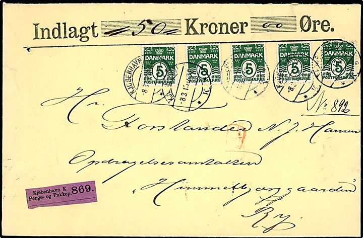 5 øre Bølgelinie (5) på værdibrev annulleret med brotype IIb Kjøbenhavn *K.* d. 8.3.1913 til Opdragelsesanstalten Himmelbjerggaarden pr. Ry.