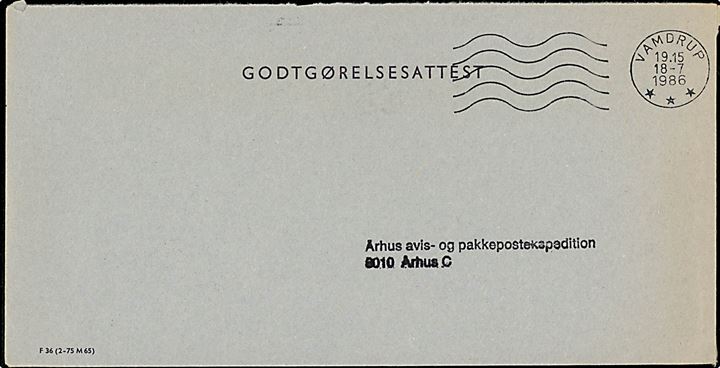 Fortrykt kuvert mærket Godtgørelsesattest - formular F36 (2-75 M65) - fra Vamdrup d. 18.7.1986 til Århus avis- og pakkepostekspedition.