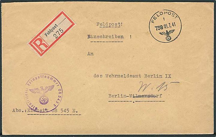 Ufrankeret anbefalet feltpostbrev stemplet Feldpost f 738 d. 5.7.1941 (= Feldpostamt 431 i Kolding) til Berlin. Briefstempel fra feldpost-nr. 08545E = 12. Kompanie Infanterie-Regiment 323.