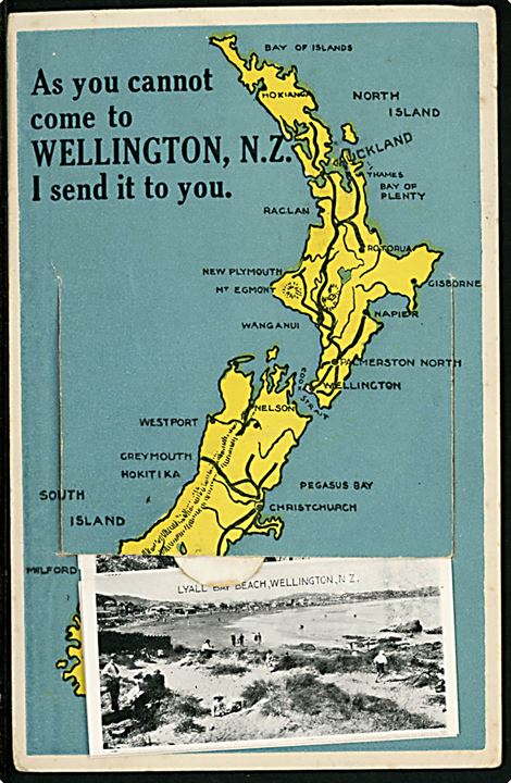 New Zealand, landkort med prospektlomme. Frankeret med 1d George V (3) fra Wellington 1928 til Danmark.