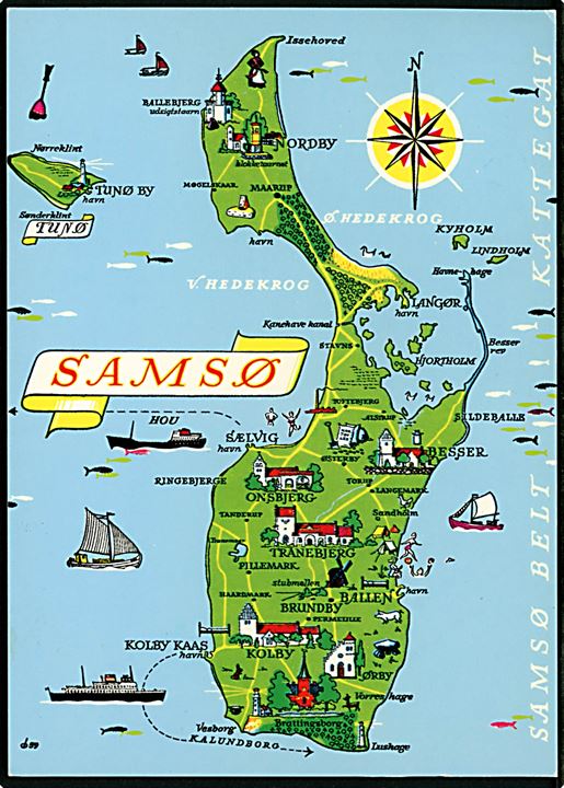 Samsø og Tunø, landkort med seværdigheder og skibsforbindelser. Fl. Andersen no. 143723114.