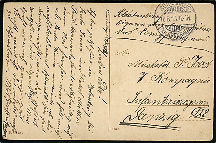 Røde Kro, gadeparti. P.P. no. 457. Sendt som ufrankeret soldater brevkort fra Rothenkrug (Kr. Apenrade) d. 17.8.1913 til soldat i Inf. Regt. 128 i Danzig.
