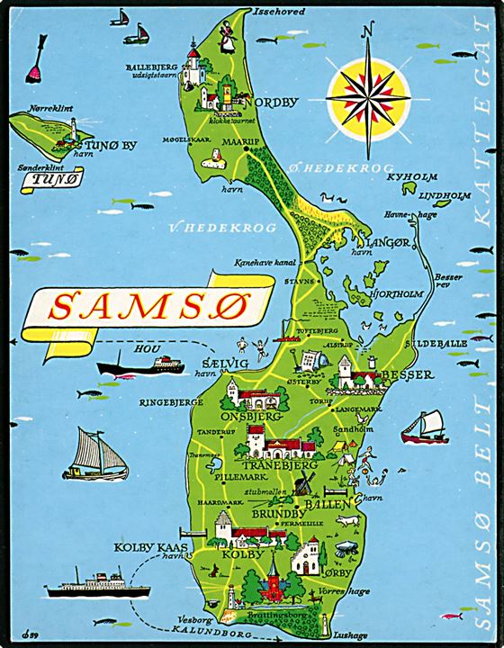 Samsø og Tunø, landkort med seværdigheder og skibsforbindelser. Fl. Andersen u/no.