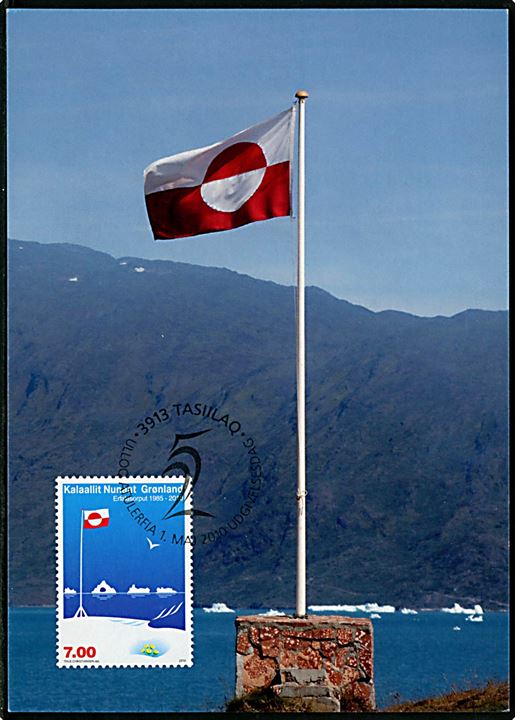 Grønlands Flag 25 år. Maxikort med 7 kr. udg. stemplet i Tasiilaq d. 1.5.2010. Post Greenland BET no. G447.